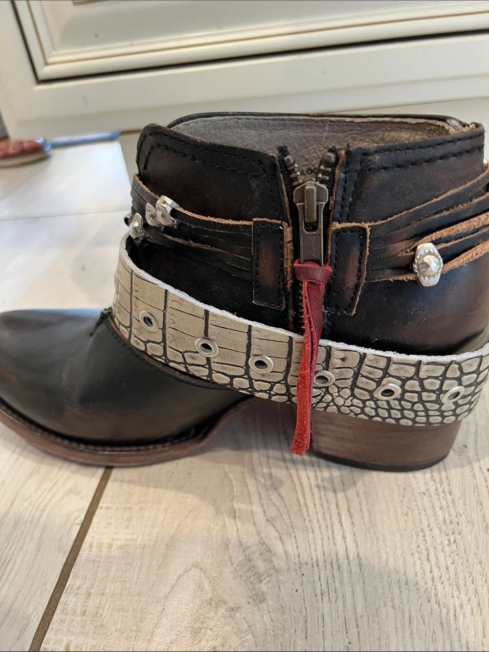 Freebird saloon LeatherBelted Ankle Boots with Beige Croc-Effect Strap